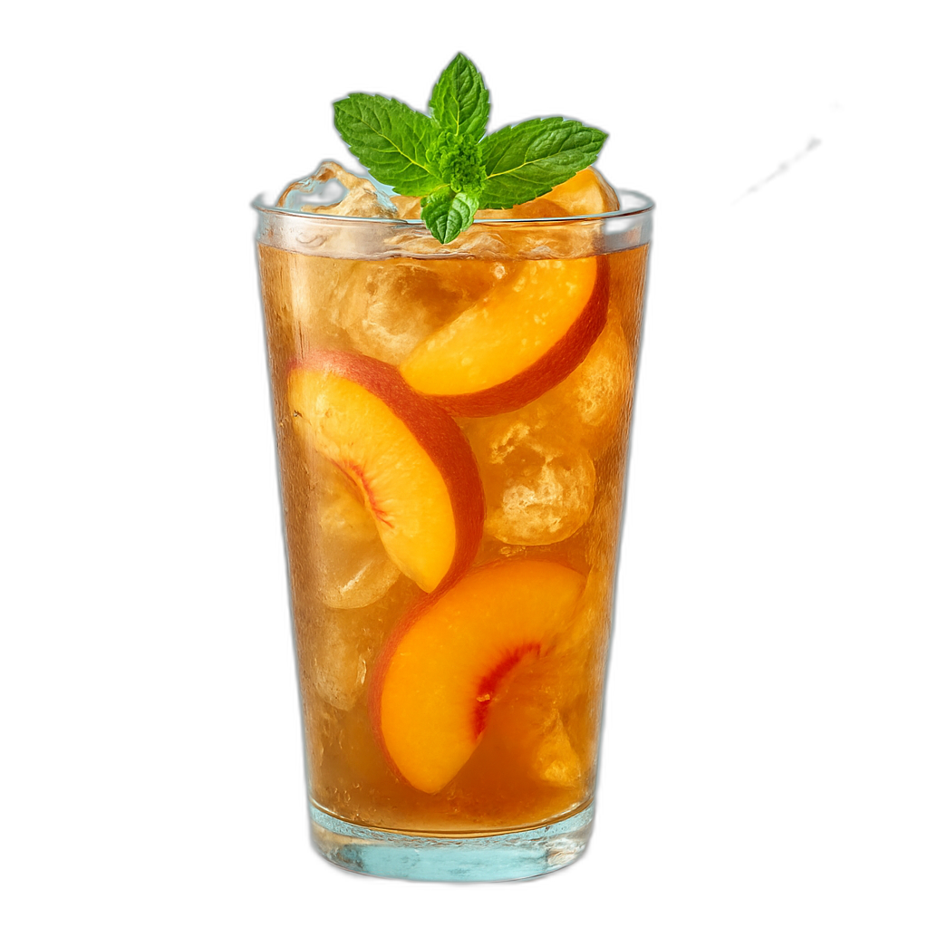 Iced peach tea with fresh fruit and ice cubes